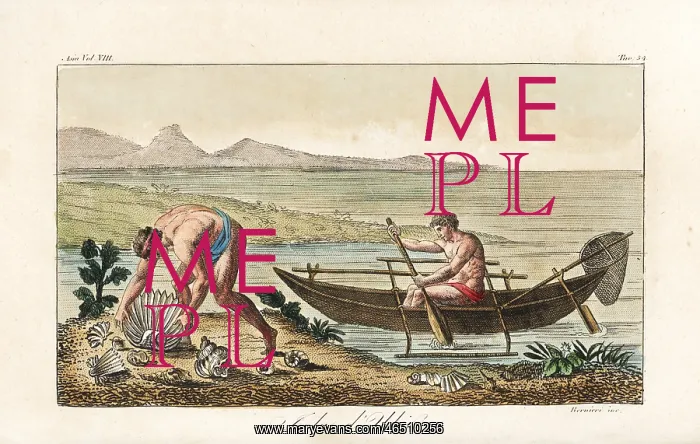 : Natives on Obi island in an outrigger canoe : Natives on Obi island in an outrigger canoe