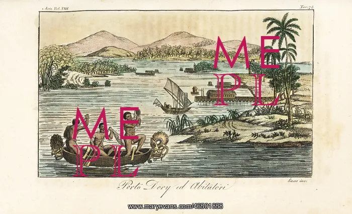 : Natives in an outrigger canoe, Dory harbour : Natives in an outrigger canoe, Dory harbour