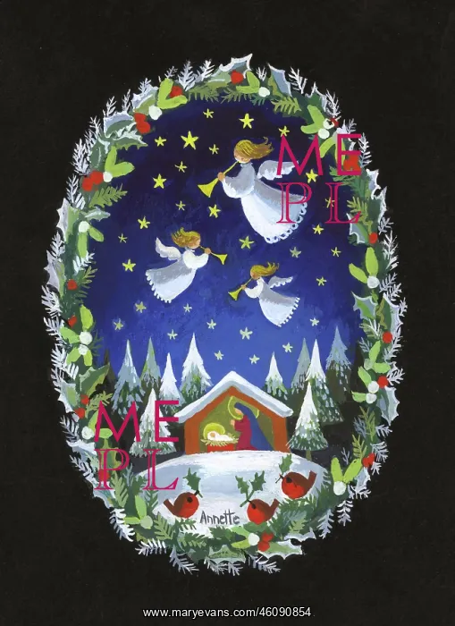  : Nativity Scene with three Angels and three Robins
