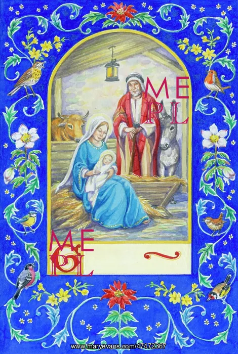 : Nativity scene with border of birds & flowers : Nativity scene with border of birds & flowers