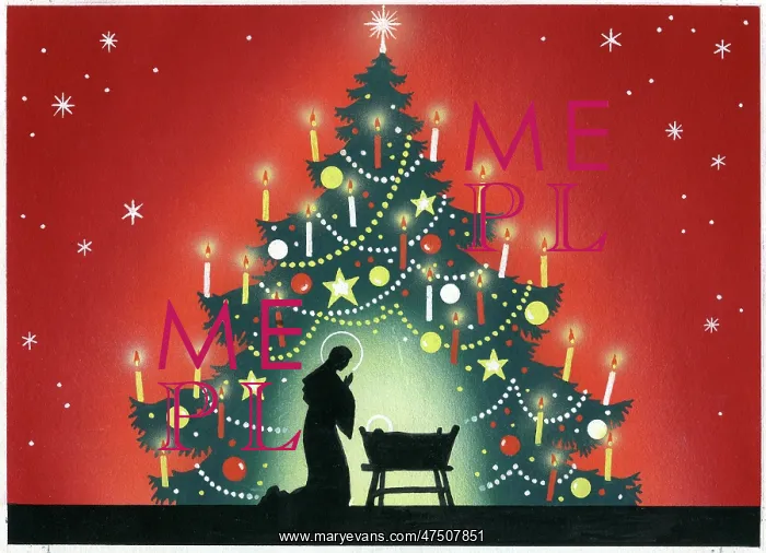 : Nativity scene in front of Christmas tree : Nativity scene in front of Christmas tree