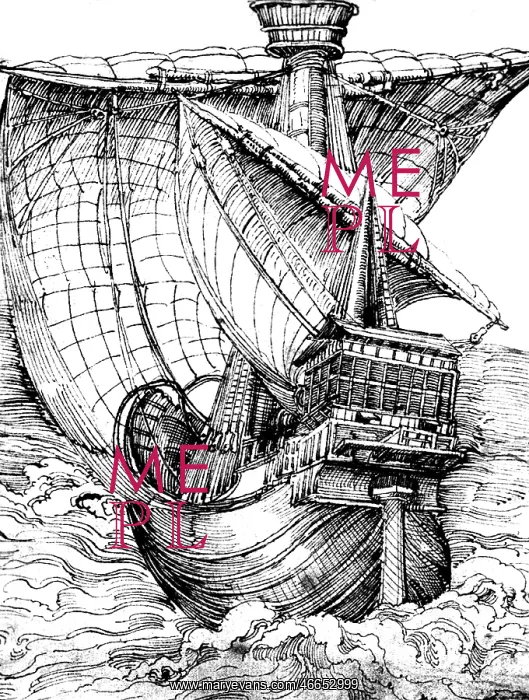 : navigation, sailing ship, cog, pen drawing by : navigation, sailing ship, cog, pen drawing by