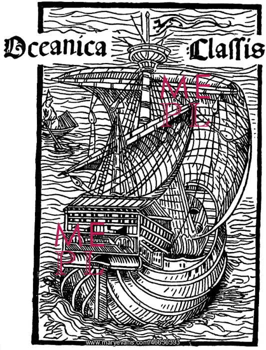 : navigation, sailing ships, caravel, woodcut from : navigation, sailing ships, caravel, woodcut from