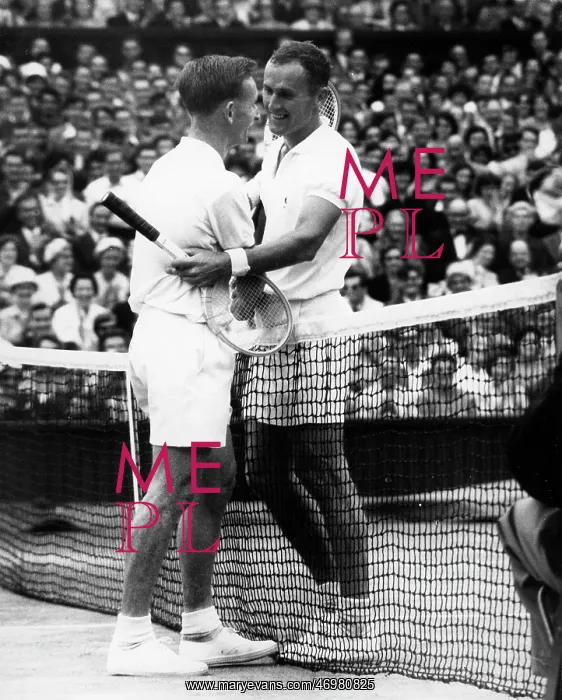 : Neale Fraser and opponent after tennis match : Neale Fraser and opponent after tennis match