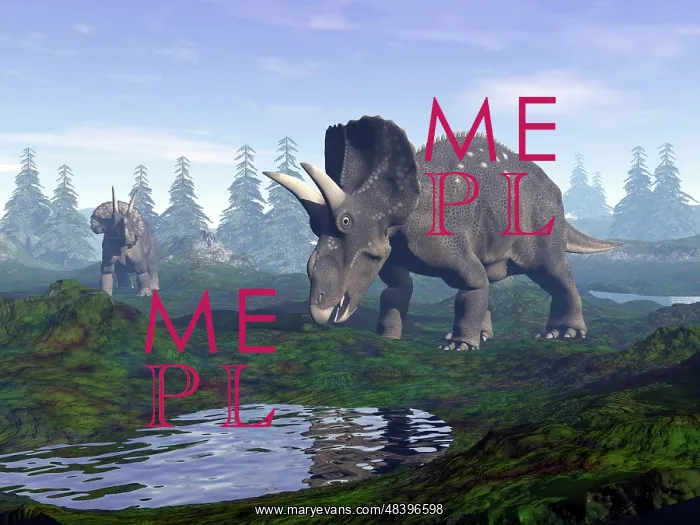 : Two Nedoceratops dinosaurs walking to water puddle in the ? : Two Nedoceratops dinosaurs walking to water puddle in the ?