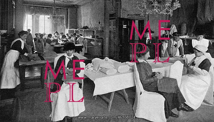 : Needlework room at Red Cross Society workroom, WW1 : Needlework room at Red Cross Society workroom, WW1
