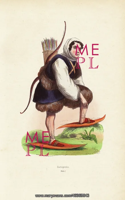: Nenets man wearing fur clothes, shirt with hood, snow shoes : Nenets man wearing fur clothes, shirt with hood, snow shoes