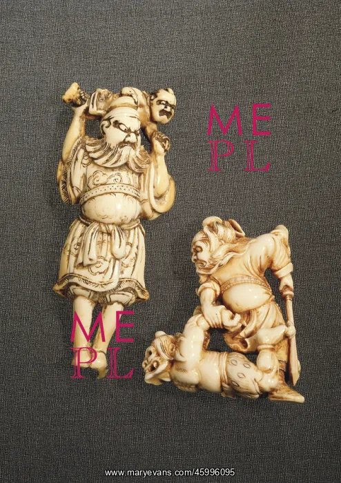  : Netsuke. Ivory Netsuke (stop button), two shoki 