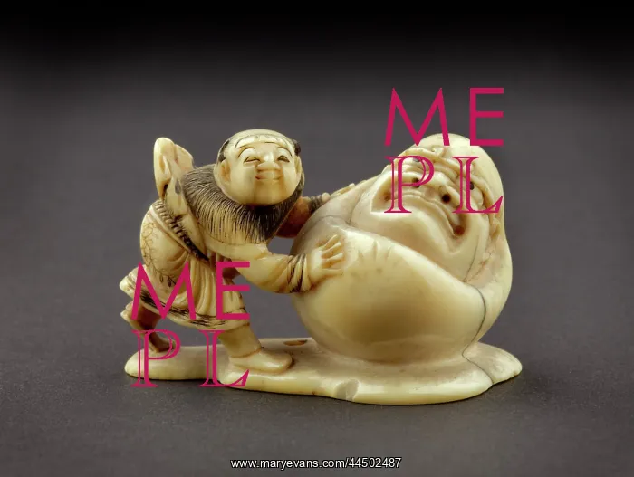 : Netsuke in the form of a boy rolling a yuki daruma - snowman : Netsuke in the form of a boy rolling a yuki daruma - snowman