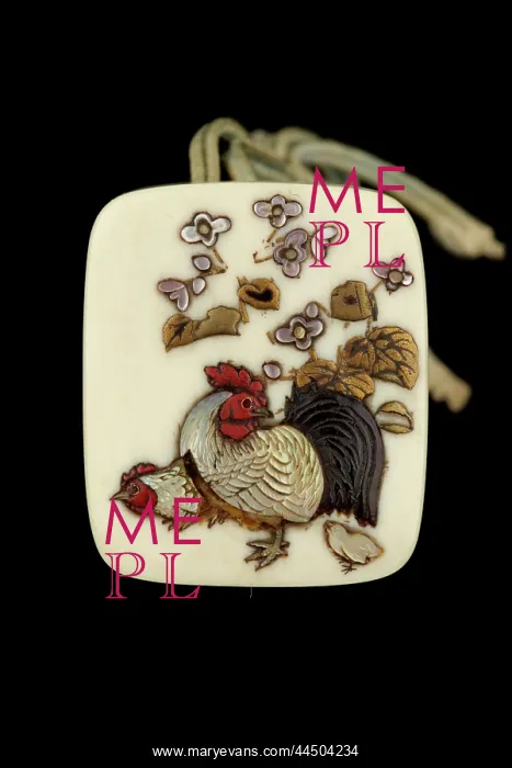 : Netsuke - hako type. Cock, hen, chick & flowers : Netsuke - hako type. Cock, hen, chick & flowers