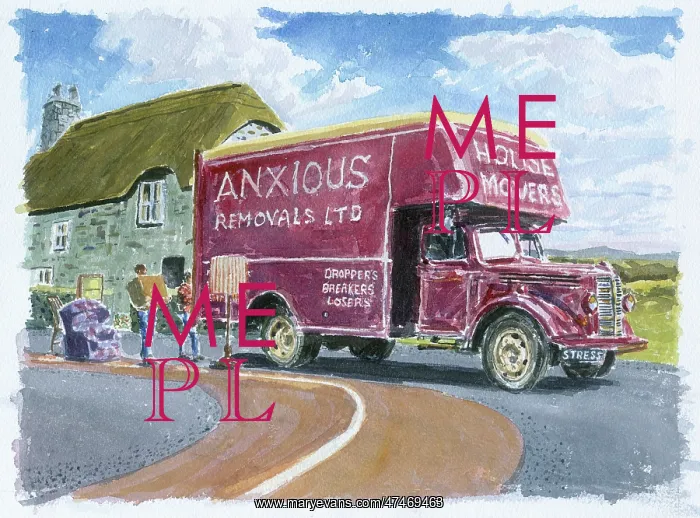 : New home card with removal van being loaded : New home card with removal van being loaded