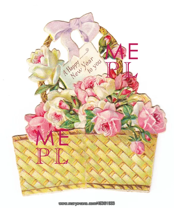 : New Year card in the shape of a basket of roses : New Year card in the shape of a basket of roses