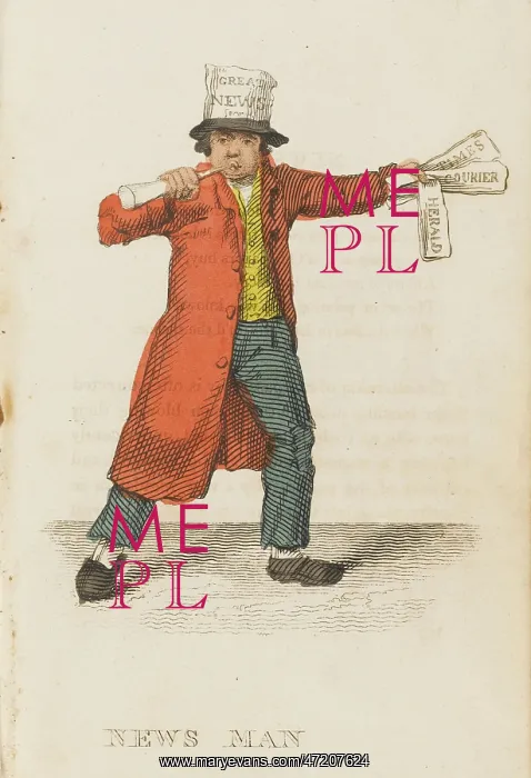 : Newsman. The newsman blows his horn to attract people who will buy his papers : Newsman. The newsman blows his horn to attract people who will buy his papers