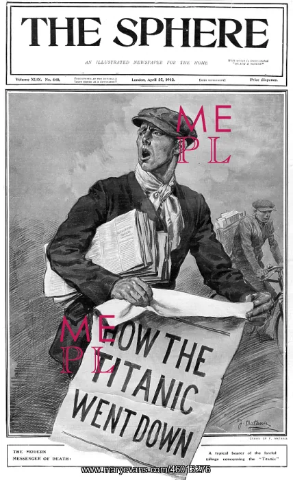 : Newspaper boy announcing Titanic disaster headline : Newspaper boy announcing Titanic disaster headline