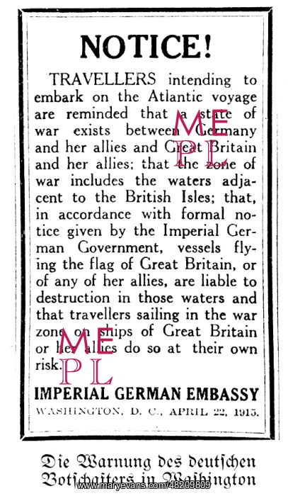 : Newspaper notice of the German Embassy, 1915 : Newspaper notice of the German Embassy, 1915