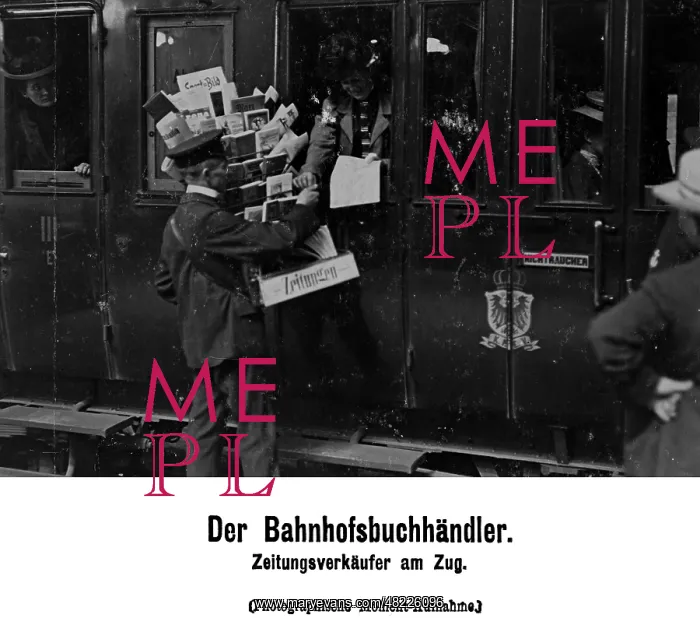 : Newspaper vendor at the train, 1907 : Newspaper vendor at the train, 1907