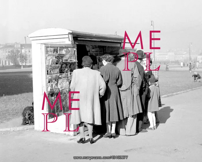  : Newsstand. Prague, 1949. Newsstand attracts Sunday customers. CTK Vintage Photo