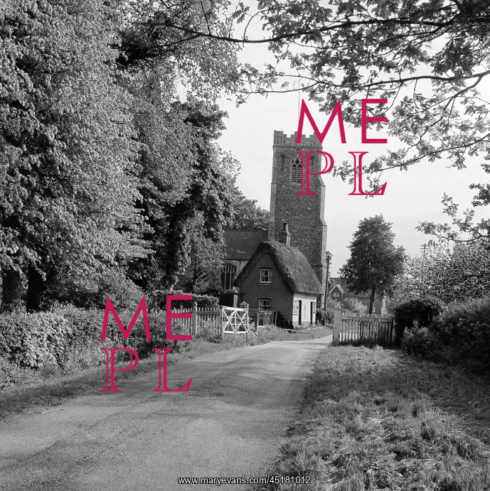 : Norfolk. A thatched cottage and a flint church with a west tower : Norfolk. A thatched cottage and a flint church with a west tower