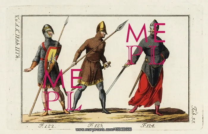 : Three Norman cavalry in chainmail armor and nasal helmets : Three Norman cavalry in chainmail armor and nasal helmets