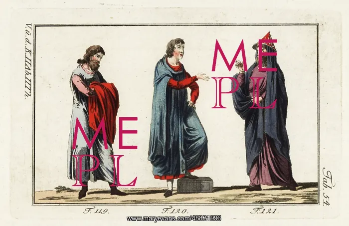 : Three Norman men in costume of the 12th century : Three Norman men in costume of the 12th century