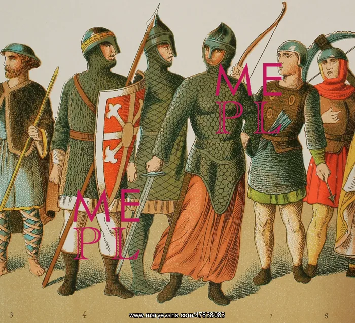 : Normans, 1000-1100. From left to right: pilgrim and warriors : Normans, 1000-1100. From left to right: pilgrim and warriors