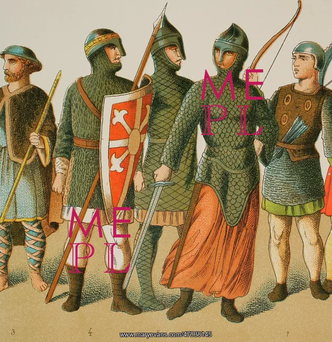 : Normans, 1000-1100. From left to right: pilgrim and warriors : Normans, 1000-1100. From left to right: pilgrim and warriors