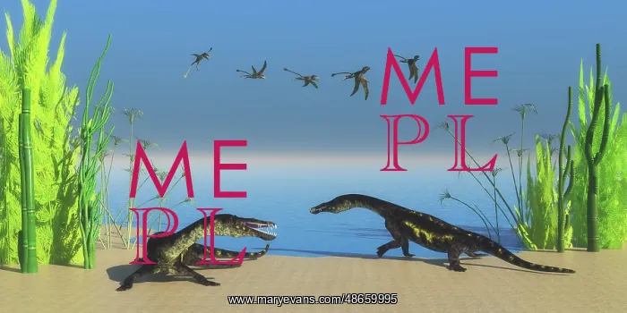 : Nothosaurus dinosaurs on a Triassic beach with : Nothosaurus dinosaurs on a Triassic beach with