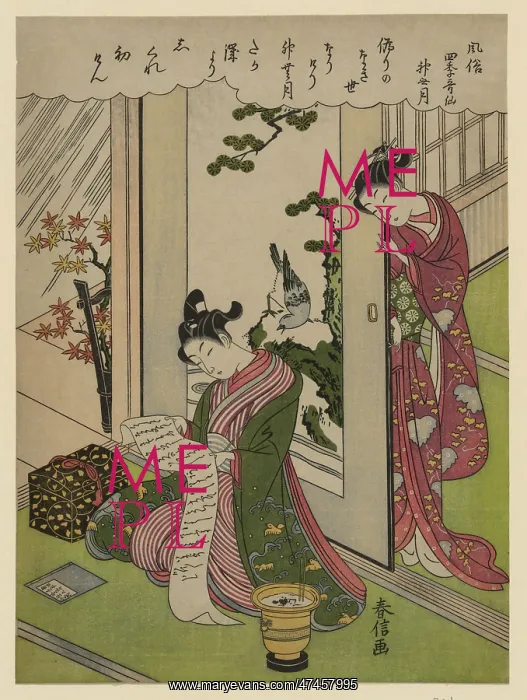 : November. Print shows a man sitting on a veranda, reading, an incense urn next to him, : November. Print shows a man sitting on a veranda, reading, an incense urn next to him,