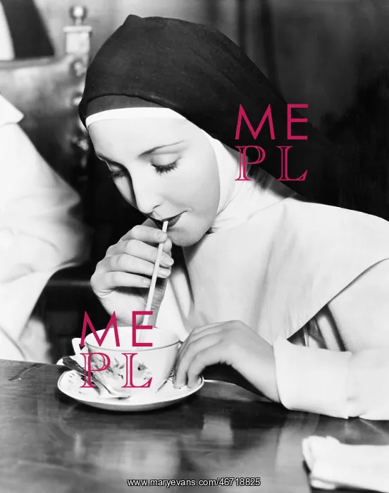 : Nun sipping tea out of a teacup with a straw : Nun sipping tea out of a teacup with a straw