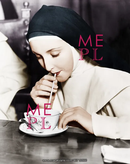 : Nun sipping tea out of a teacup with a straw : Nun sipping tea out of a teacup with a straw