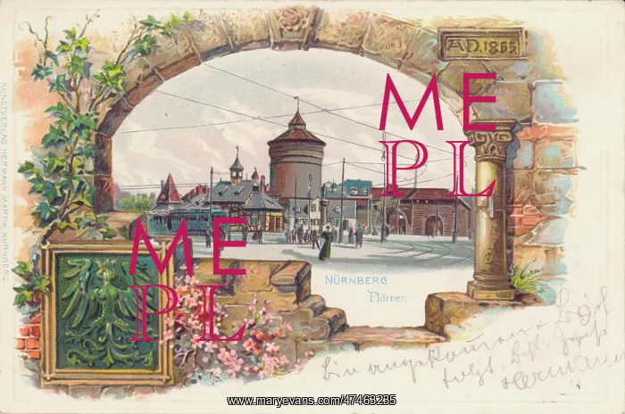 : Nurnberg. Postcard showing view through stone arch of Nuremberg, Germany : Nurnberg. Postcard showing view through stone arch of Nuremberg, Germany