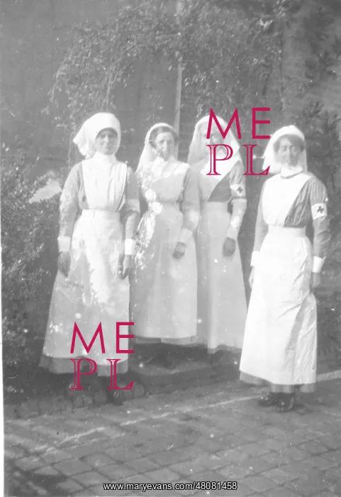 : Four nurses in uniform, with red cross armbands : Four nurses in uniform, with red cross armbands