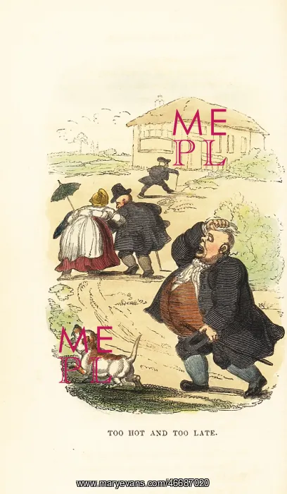 : Obese people running to catch a stage coach in : Obese people running to catch a stage coach in