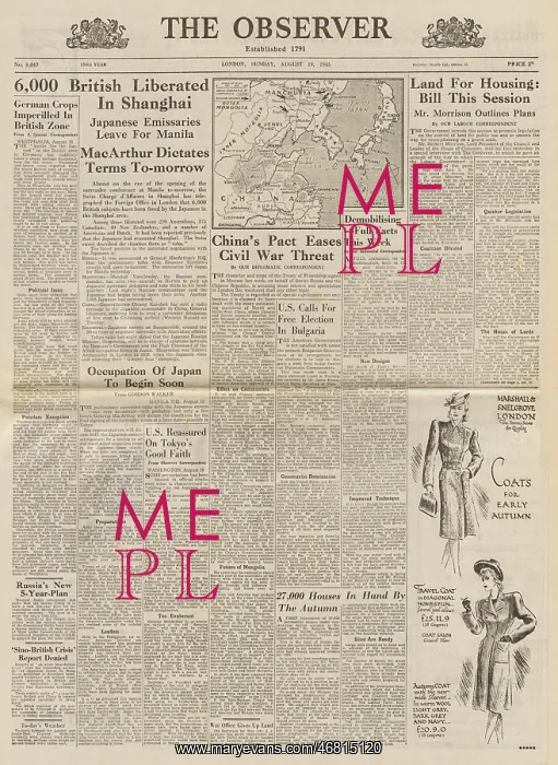 : The Observer front page Allied POWs released in Shanghai : The Observer front page Allied POWs released in Shanghai
