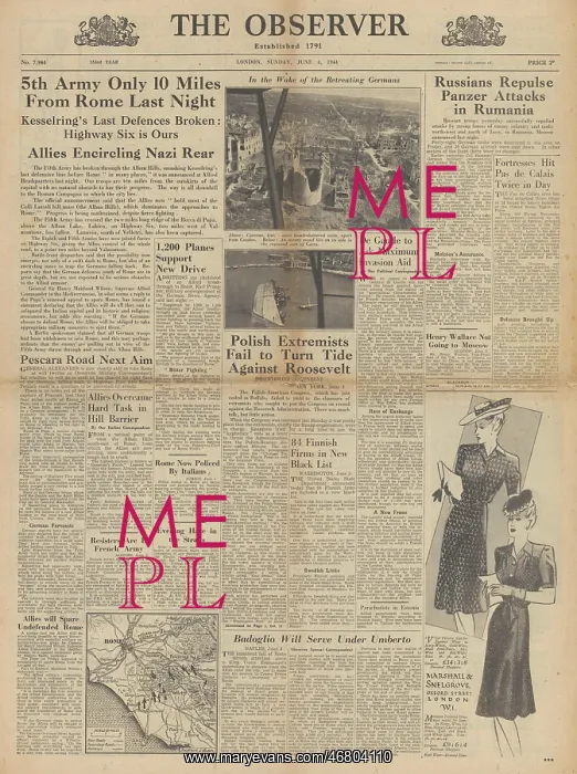 : The Observer front page US Army advance on Rome : The Observer front page US Army advance on Rome