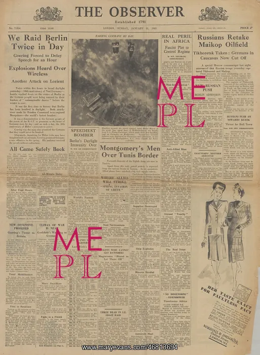 : The Observer front page RAF Mosquitos bomb Berlin : The Observer front page RAF Mosquitos bomb Berlin