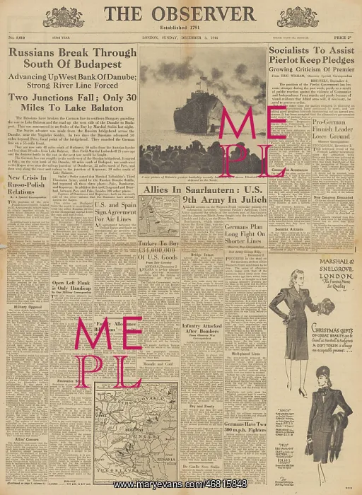 : The Observer front page Red Army advance on Budapest : The Observer front page Red Army advance on Budapest