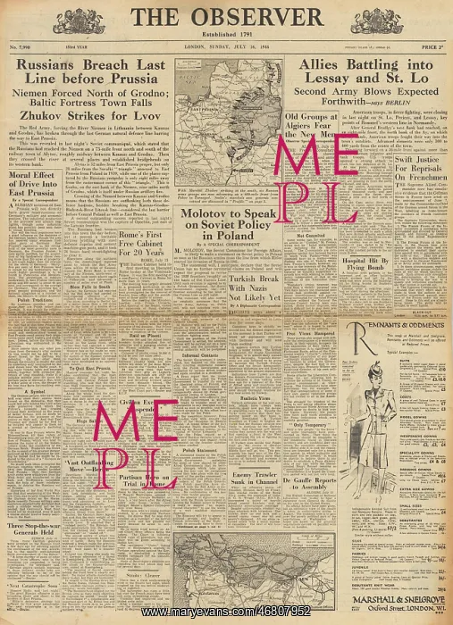 : The Observer front page Red Army cross River Nieman : The Observer front page Red Army cross River Nieman