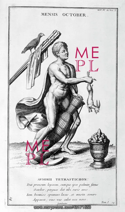 : October represented as a man pulling a hare from : October represented as a man pulling a hare from