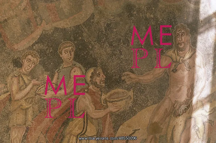: Odysseus offering wine to Polyphemus. Mosaic. 3rd-4rd centur : Odysseus offering wine to Polyphemus. Mosaic. 3rd-4rd centur