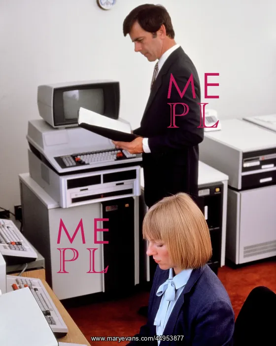 : Office with Early Computer Hardware Woman Seated : Office with Early Computer Hardware Woman Seated