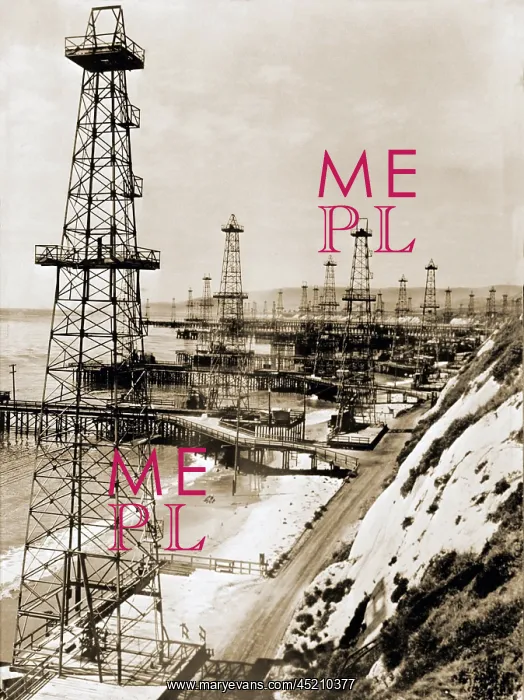 : Oil well derricks on the beach along the ? : Oil well derricks on the beach along the ?