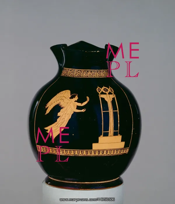 : Oinochoe. Athenian red-figure oinochoe (wine jug) showing Nike with a ribbon : Oinochoe. Athenian red-figure oinochoe (wine jug) showing Nike with a ribbon