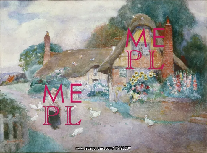 : Old Cottage ' with girl and white ducks : Old Cottage ' with girl and white ducks