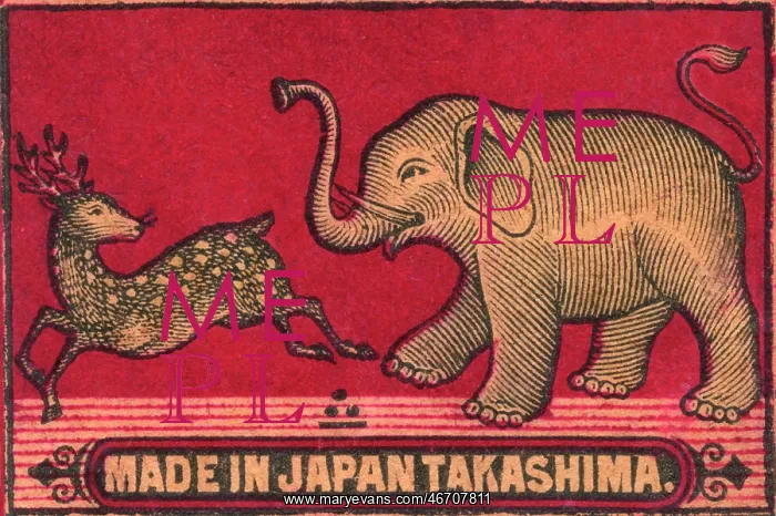 : Old Japanese Matchbox label with an elephant chasing a deer : Old Japanese Matchbox label with an elephant chasing a deer