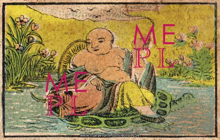  : Old Japanese Matchbox label with a man sitting on a turtle