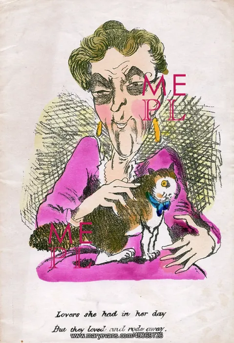 : Old maid with cat on a comic greetings card : Old maid with cat on a comic greetings card