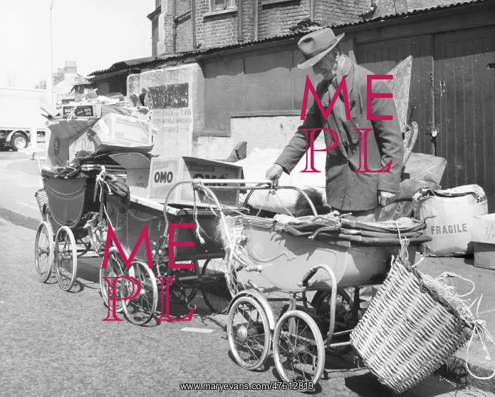 : Old man with prams and junk, Balham, SW London : Old man with prams and junk, Balham, SW London