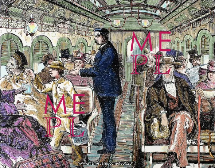  : Old railroad car. Inside view with passengers. United States