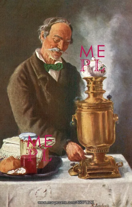 : Old Russian man with samovar : Old Russian man with samovar